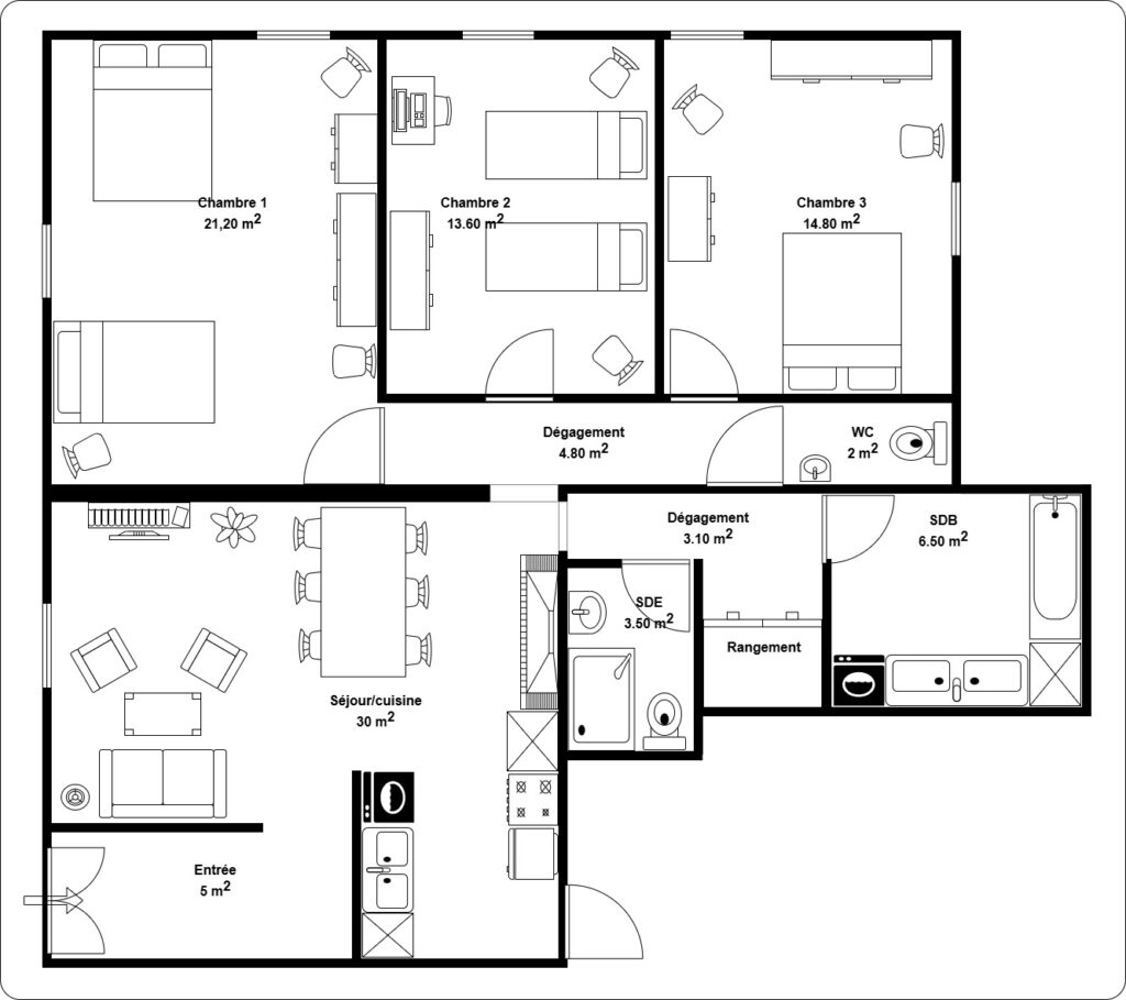 Plan du gîte avec les surfaces